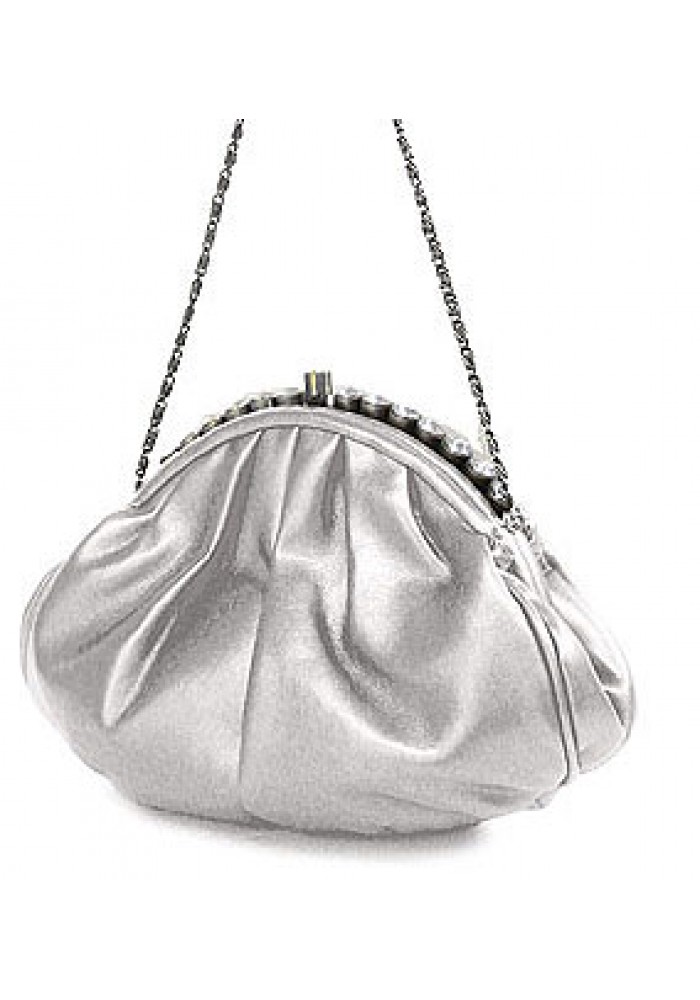 Evening Bag - PU Leather w/ Glass Beads on Top – Silver – BG-43312SV